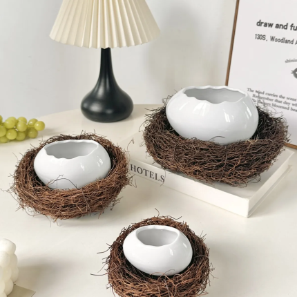Large Nest-Shaped Eggshell Ceramic Bowl, Creative Dry Ice Fruit Salad Dish
